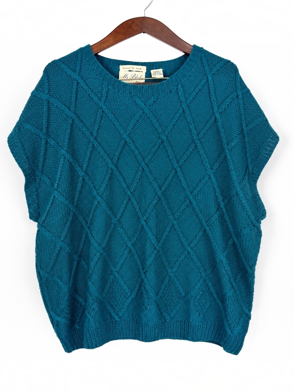 Vintage 80s Teal Hand Knit Cable Sweater Oversized Wool Blend L